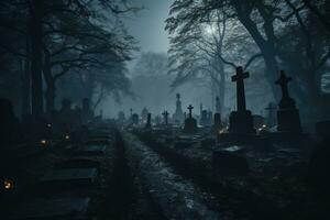 Grabsteine im ein Friedhof beim Nacht mit Nebel. Halloween Konzept. foto