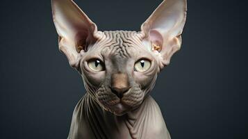 Nahansicht Porträt von ein Sphynx Katze. Katze Kopf. sieht aus Gerade in das Kamera. ein Katze ohne Haar mit nackt Licht Haut. schwarz Hintergrund. reinrassig Stammbaum Sphynx. Katze Show ai generiert foto