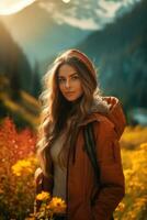 Porträt von ein schön jung Frau auf das Hintergrund von das Berge foto