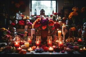 Kerzen und Blumen beim das Friedhof. Halloween Hintergrund. getönt. foto