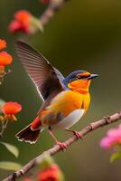 süß Vogel fliegend im das Frühling Lager Fotos und schön Spatz und Robin zum Hintergrund ai generiert Bild