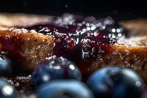 Blaubeere Toast, Makro Schuss von ein frisch Frühstück mit tropft Honig, ai generiert foto