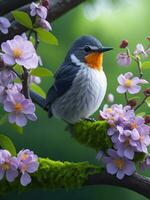 süß Vogel fliegend im das Frühling Lager Fotos und schön Spatz und Robin zum Hintergrund ai generiert Bild