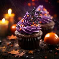 Festival Halloween Cupcake auf ein Teller auf ein Hintergrund von Halloween Beleuchtung Bokeh foto