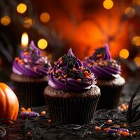 Festival Halloween Cupcake auf ein Teller auf ein Hintergrund von Halloween Beleuchtung Bokeh foto