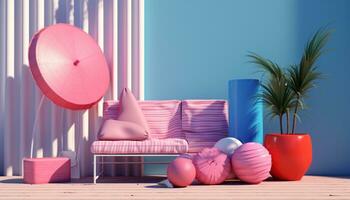 ai generativ 3d ein Zimmer mit Rosa Objekt zum Sommer- Ferien Sonne Gläser, Reise Tasche, Vase, Koffer, Stuhl auf Rosa und Blau Hintergrund foto