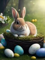 glücklich Hase Kaninchen mit Ostern Eier, generativ ai Illustration. foto