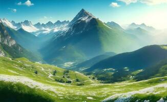 Sommer- Landschaft mit Berge, generativ ai Illustration. foto