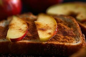 Apfel Toast, Makro Schuss von ein frisch Frühstück mit tropft Honig, ai generiert foto