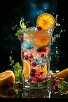 bunt Cocktail mit Eis, Frucht, spritzt auf ein dunkel Hintergrund foto