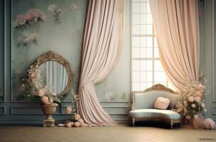 Braut Zimmer mit ein Stuhl und ein Fenster mit Blumen foto