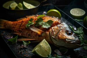 ganze Fisch mit ein gegrillt Haut arabisch Essen generativ ai foto