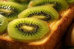 Kiwi Toast, Makro Schuss von ein frisch Frühstück mit tropft Honig, ai generiert foto