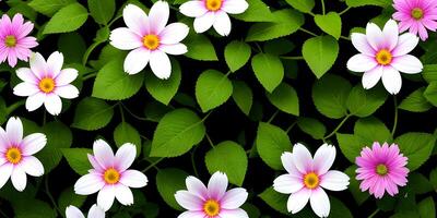 Blumen Konzept Hintergrund schön Blumen durch Grün Blätter auf dunkel Hintergrund. ai generativ foto