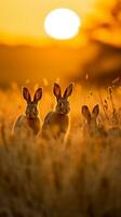 ein Familie von wild Kaninchen genießen das goldene Stunde Aussicht im ein grasig Feld ai generativ foto