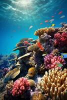 zauberhaft unter Wasser Szene von ein beschwingt, mehrfarbig Koralle Riff wimmelt es mit vielfältig Fisch ai generativ foto