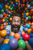 Freude entfesselt - - Mann jongliert Arbeit Anrufe im kindlich Ball Grube abspielen ai generativ foto