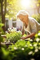 still Frühling Szene von ein mittleren Alters Frau Pflege ihr blühend Garten ai generativ foto