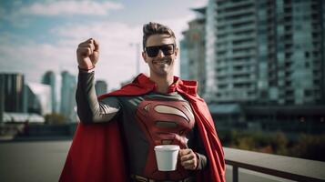 Kaffee, Stadtbild, Kostüm - - das beiläufig Morgen von ein außer Dienst Held ai generativ foto