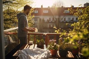 Mann Umarmen ein heiter Morgen Routine auf ein sonnendurchflutet Balkon mit Blick auf ein beschwingt Frühling Garten ai generativ foto