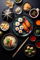 oben Aussicht von ein einfach asiatisch Mahlzeit Ramen Knödel und Sushi illustrieren vielfältig Aromen ai generativ foto