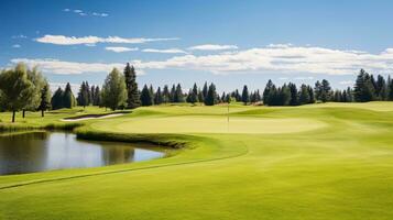 feiern das strahlend Schönheit von ein gut in Stand gehalten Golf Kurs unter ein verträumt Himmel ai generativ foto