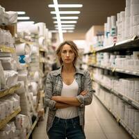 Toilette Papier Türme - - Frau verwirrt Reaktion zu Panik Kauf ai generativ foto