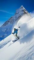 das schneebedeckt starten - - ein Skifahrer Sprung von Adrenalin und Abenteuer ai generativ foto