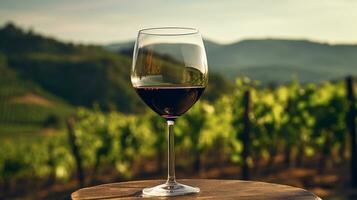 Nahansicht von Glas von rot Wein reflektieren Weinberg Landschaft Angebot heiter Ambiente ai generativ foto