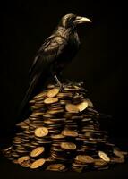 ein Krähe Sitzung auf Stapel von golden Münzen auf schwarz Hintergrund generativ ai foto