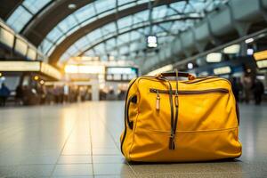 Gelb Reise Gepäck Tasche im Flughafen generativ ai foto