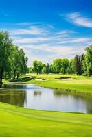 feiern das strahlend Schönheit von ein gut in Stand gehalten Golf Kurs unter ein verträumt Himmel ai generativ foto