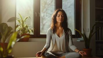 Frau nimmt ein achtsam Meditation brechen im ihr Zuhause Büro gebadet im natürlich Licht ai generativ foto