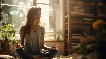 Frau nimmt ein achtsam Meditation brechen im ihr Zuhause Büro gebadet im natürlich Licht ai generativ foto