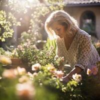 still Frühling Szene von ein mittleren Alters Frau Pflege ihr blühend Garten ai generativ foto