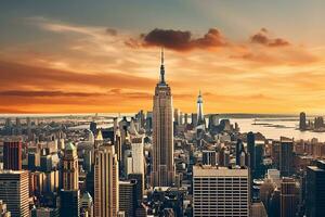 beschwingt Panorama- Stadtbild von Neu York beim Sonnenuntergang mit ikonisch Wolkenkratzer und großzügig Kopieren Raum ai generativ foto