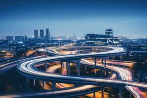 ein Straße beim Nacht mit Fahrzeuge und Autobahnen foto