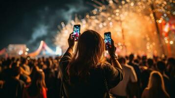 Feuerwerk Beleuchtung während Konzert Festival im ein Nacht, im Menge foto