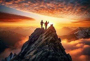 zwei Menschen Portion jeder andere auf ein Berg oben foto