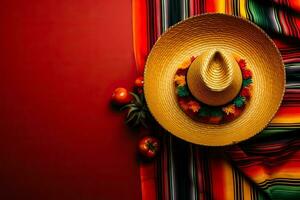 cinco de Mayo thematisch mit ein Mexikaner Sombrero auf ein bunt Serape Decke gegen ein Gelb Hintergrund foto