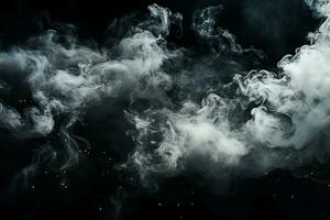 Vertikale Video präsentieren Weiß Rauch Wolken schwebend gegen ein schwarz Hintergrund mit Raum zum Text foto