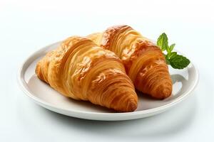 isoliert auf ein Weiß Hintergrund ein Teller mit ein frisch Butter Croissant foto