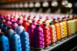 bunt Faden Rollen beim modern automatisiert Nähen oder Stickerei Maschine im Textil- Fabrik foto