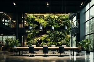 modern Büro Gebäude mit Leben Grün Mauer Vertikale Garten drinnen mit Blumen und Pflanzen unter künstlich Beleuchtung im Treffen Sitzungssaal foto