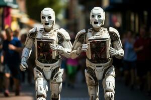 Männer Laufen mögen Roboter im Kostüme vorgeben zu Sein Androiden foto