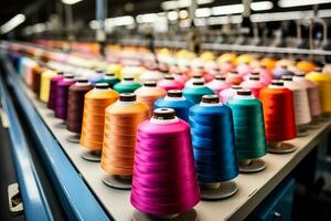 bunt Faden Rollen beim modern automatisiert Nähen oder Stickerei Maschine im Textil- Fabrik foto