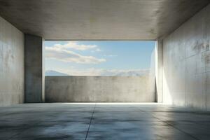 ein KI-generiert Illustration von ein leeren Zimmer mit Beton Wände ein grau Fußboden und Sanft Dachfenster foto