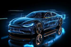 Vorderseite futuristisch ar Auto Drahtmodell Konzept mit ein erweitert Wirklichkeit Drahtmodell von ein Auto mit ein Blau Hintergrund foto