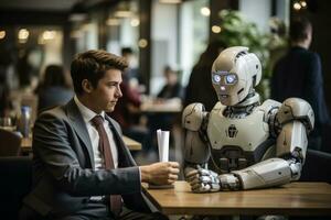 ein Mann und ein ai Roboter erwarten ein Job Interview foto