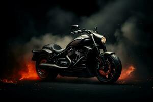 Seite Aussicht 3d Illustration von schwarz Motorrad auf dunkel Hintergrund emittieren Rauch foto